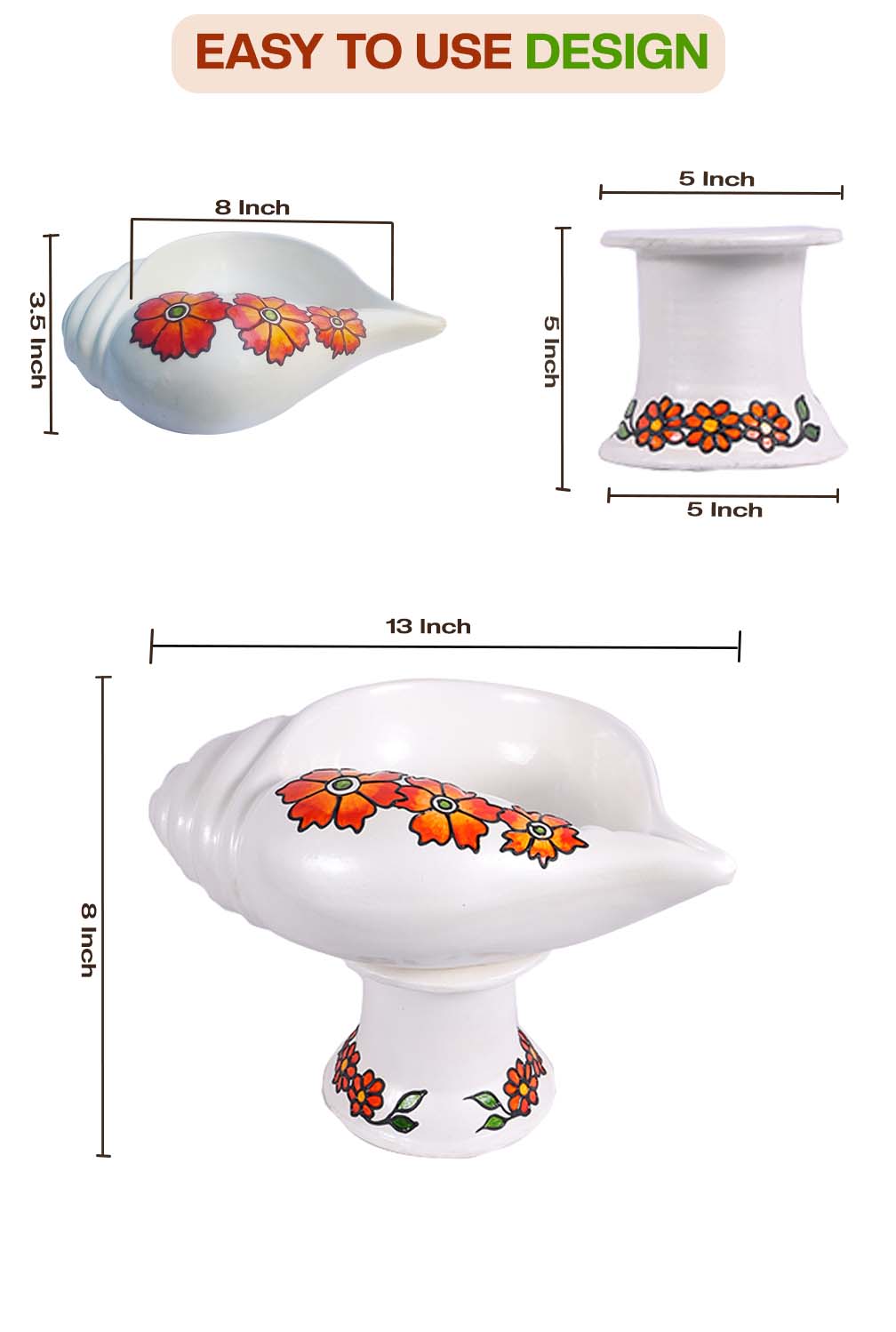 Front and top view of terracotta Sangu urli showing detailed size dimensions including diameter and height, with floral handpainting and easy to use design label.
