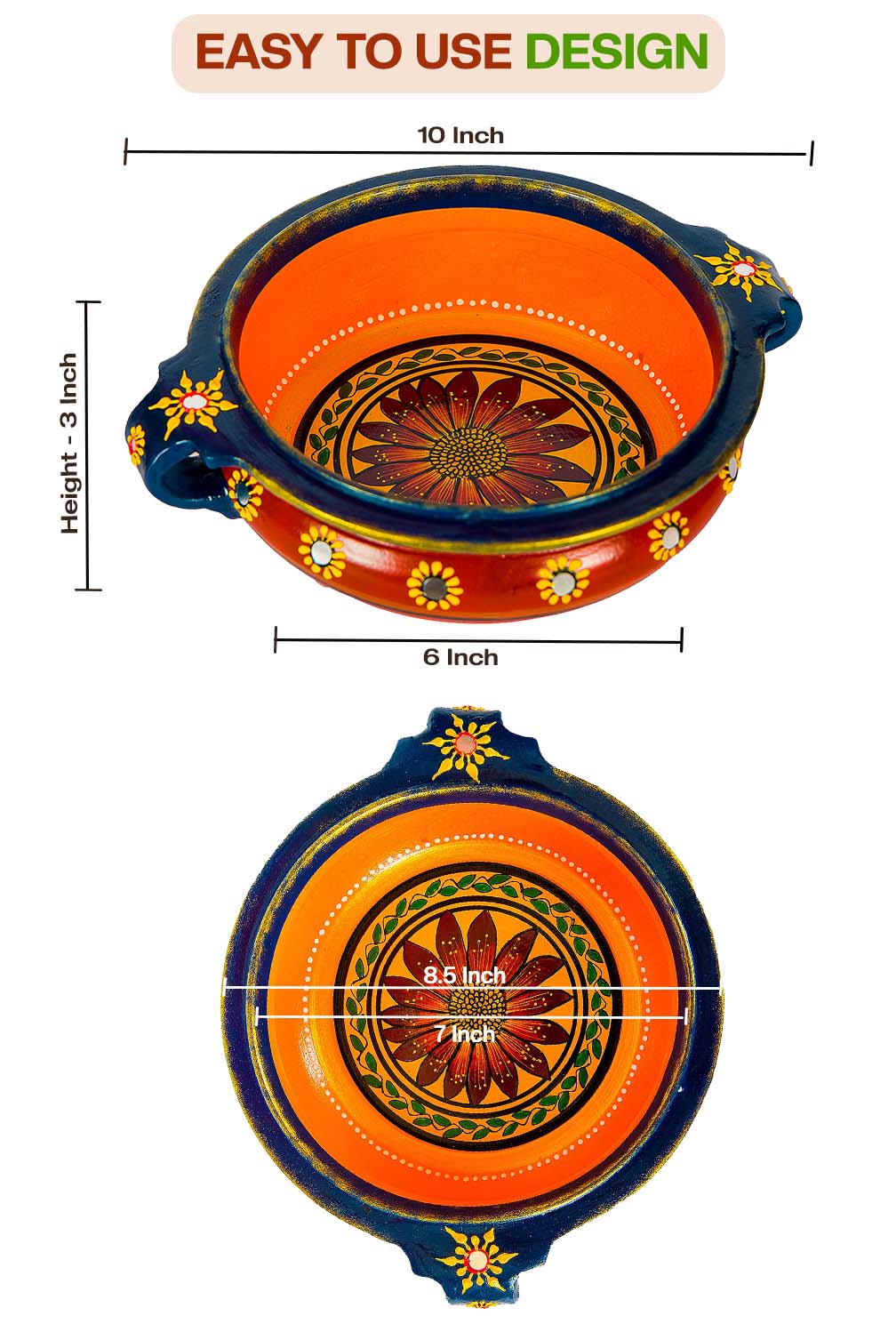 Front and top view of terracotta urli showing detailed size dimensions including diameter and height, with floral handpainting and easy to use design label.