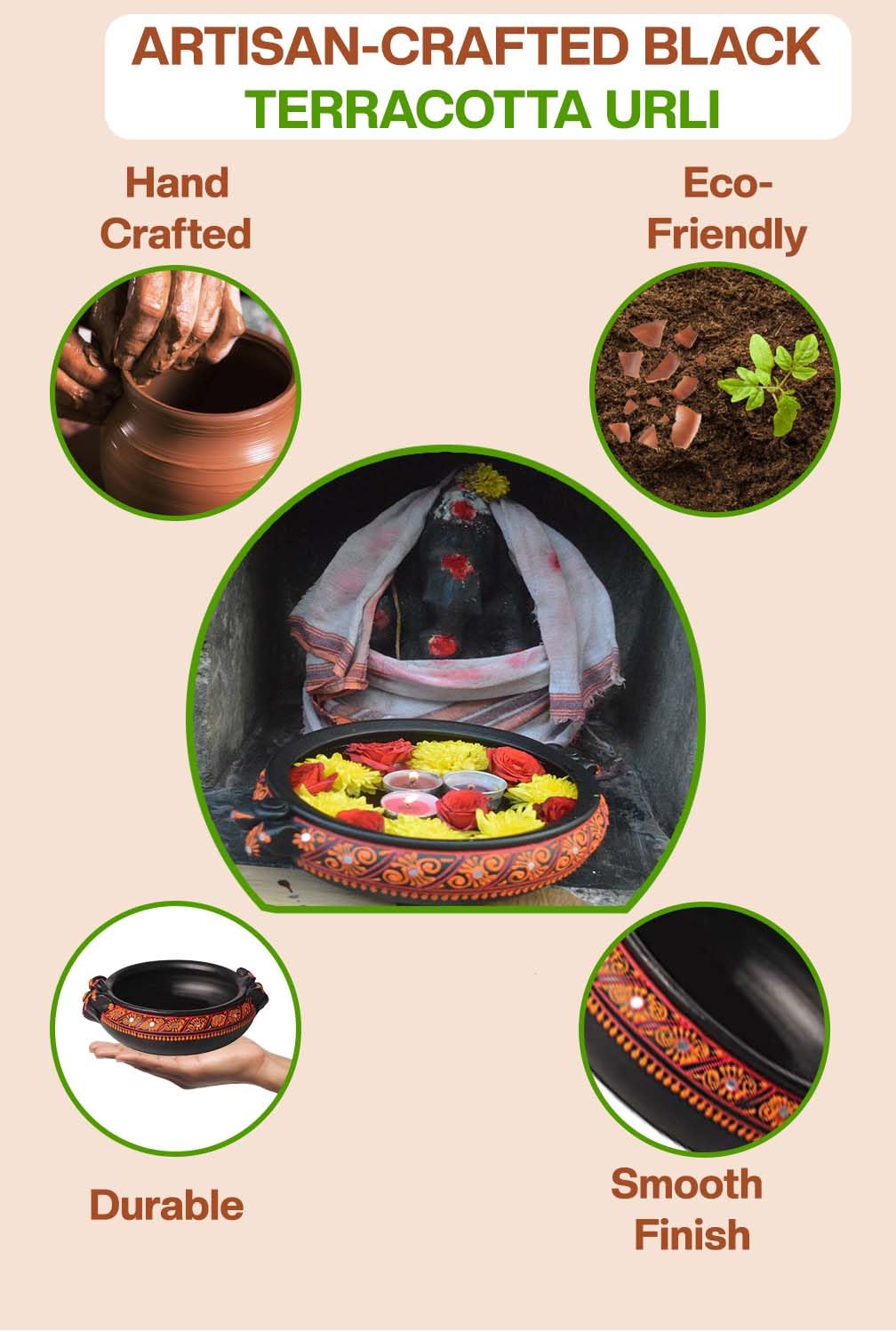 Artisan-crafted terracotta urli placed with a Buddha statue, highlights its handcrafted, eco-friendly, durable, and smooth-finish features for mindful home décor.