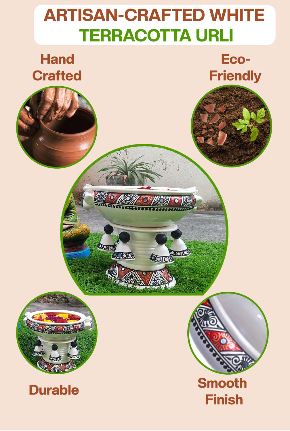 Artisan-crafted terracotta urli placed with a Buddha statue, highlights its handcrafted, eco-friendly, durable, and smooth-finish features for mindful home decor.