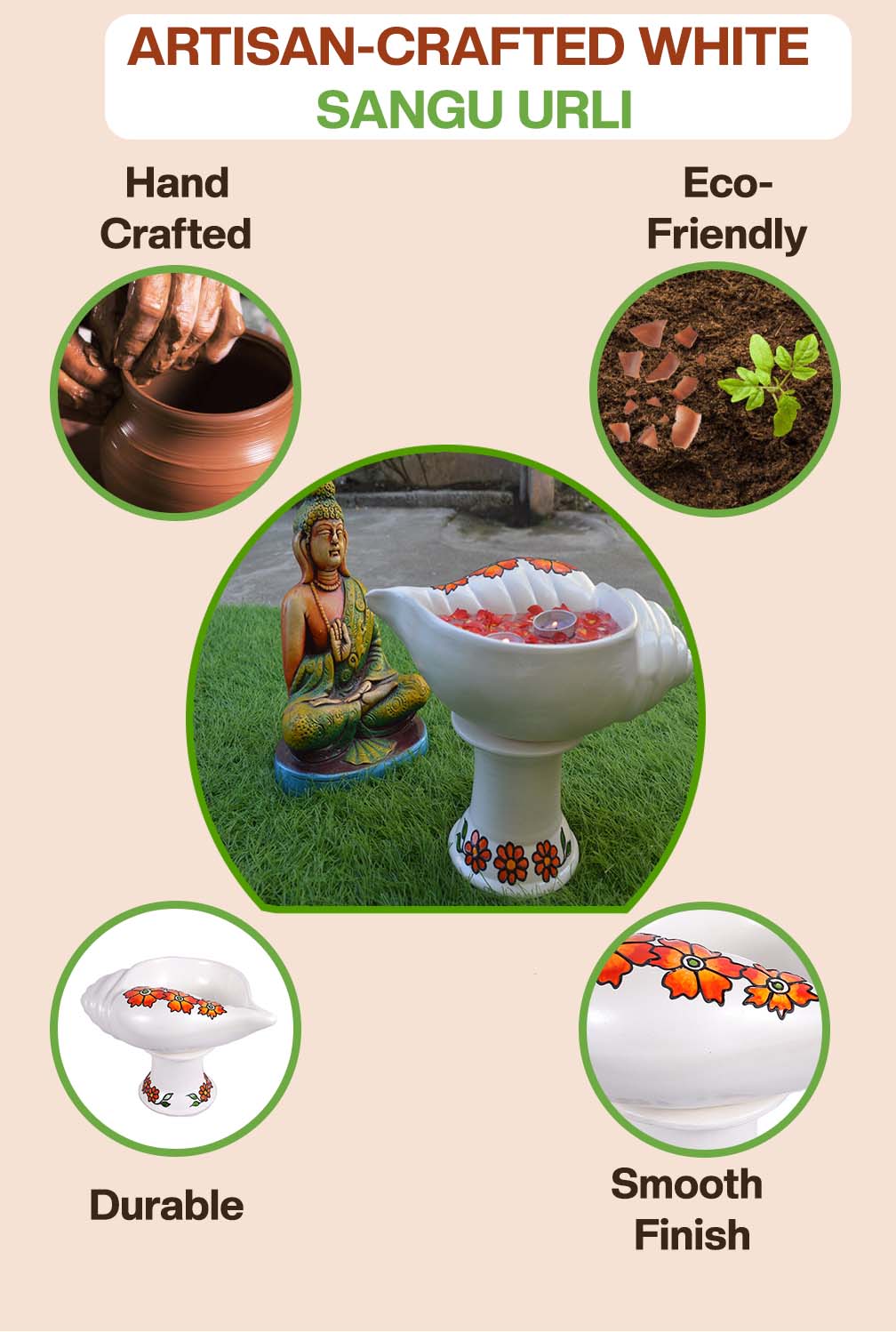 Artisan-crafted terracotta Sangu urli placed with a Buddha statue, highlights its handcrafted, eco-friendly, durable, and smooth-finish features for mindful home decor.