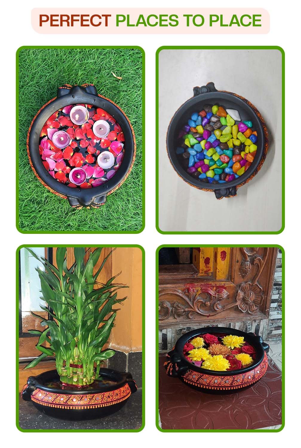 Creative ways to decorate with a terracotta urli used with candles, pebbles, flowers, and plants at home entrances, pooja rooms, and garden spaces.
