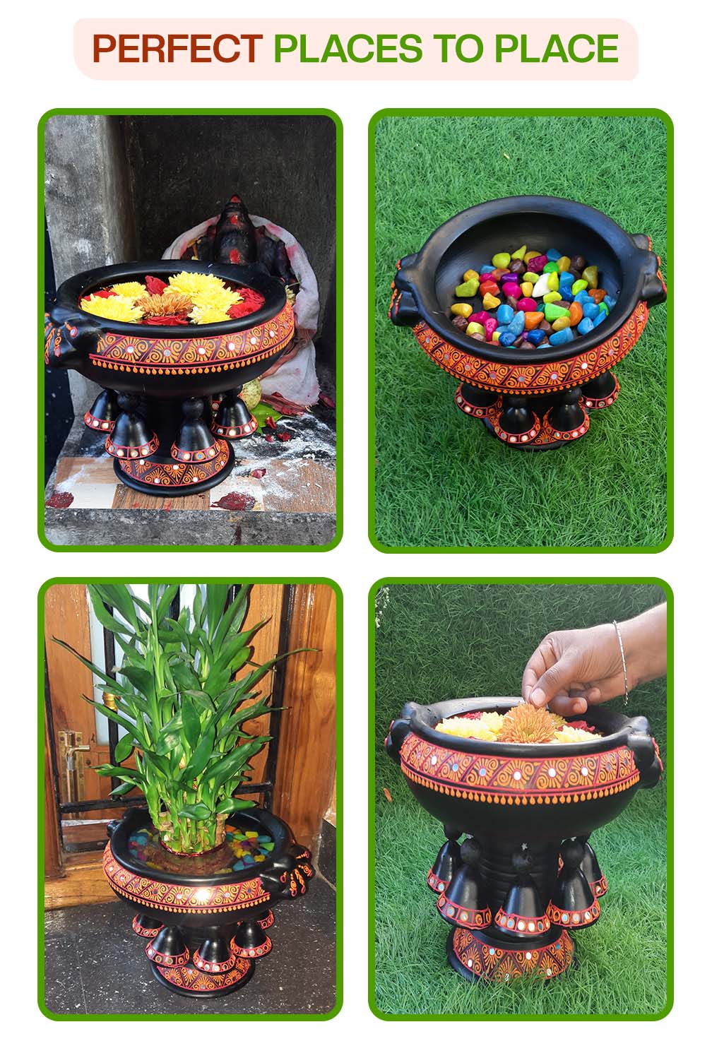 Creative ways to decorate with a terracotta urli used with candles, pebbles, flowers, and plants at home entrances, pooja rooms, and garden spaces.
