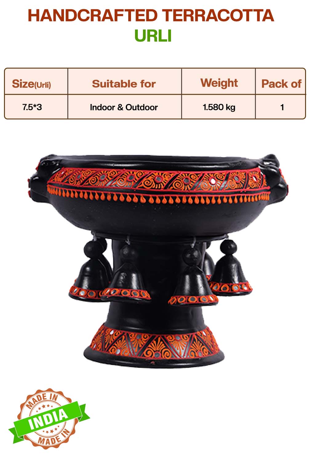 Handcrafted Terracotta urli with product details showing size, suitable for indoor and outdoor use, pack of details.