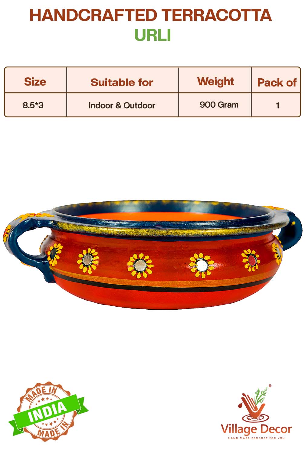 Handcrafted Terracotta urli with product details showing size, suitable for indoor and outdoor use, pack of details.