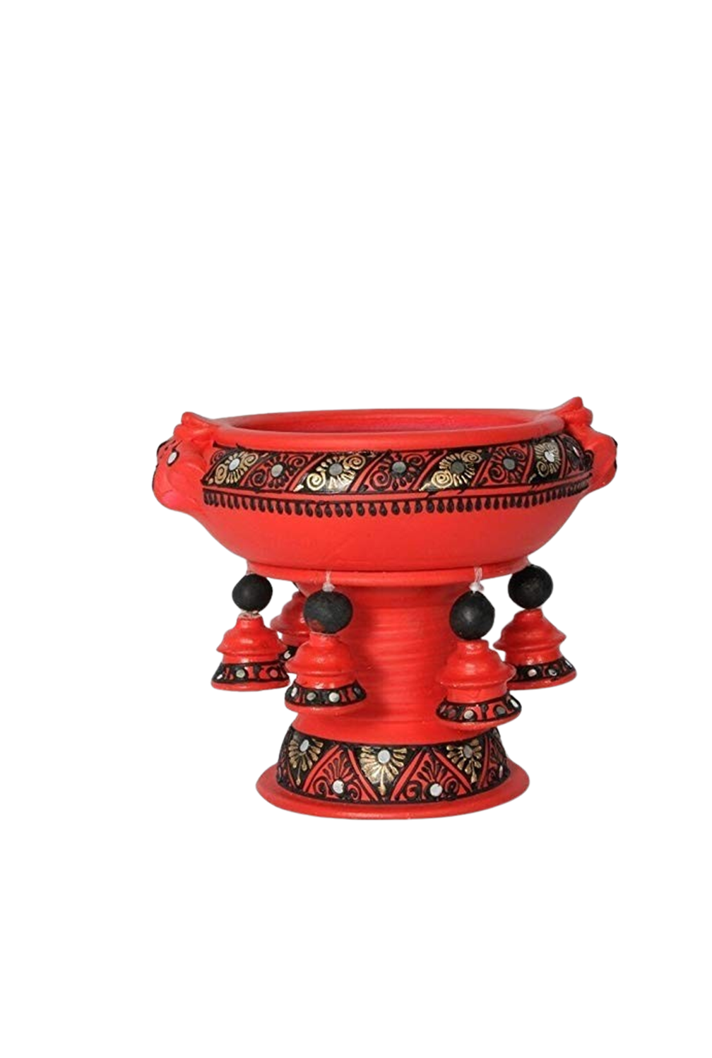 Front view of a colorful handpainted terracotta urli with floral art, placed on a white background, ideal for festive decor or pooja setups.
