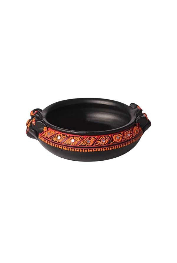 Top view of a colorful handpainted terracotta urli with floral art, placed on a white background, ideal for festive decor or pooja setups.
