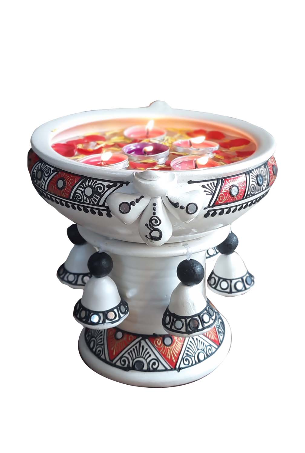 Top view of a colorful handpainted terracotta  urli with floral art, placed on a white background, ideal for festive decor or pooja setups.
