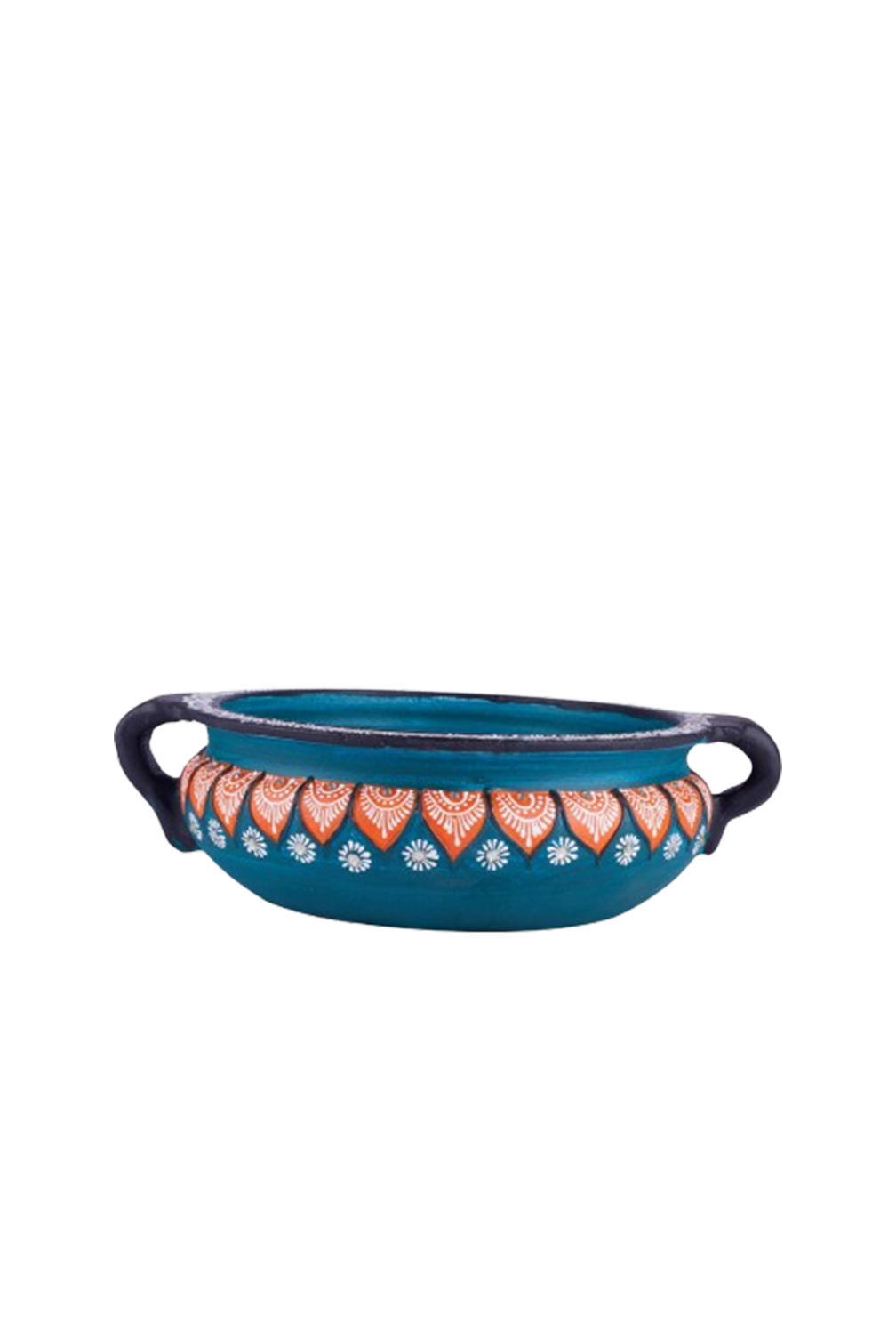 Top view of a colorful handpainted terracotta urli with floral art, placed on a white background, ideal for festive decor or pooja setups.
