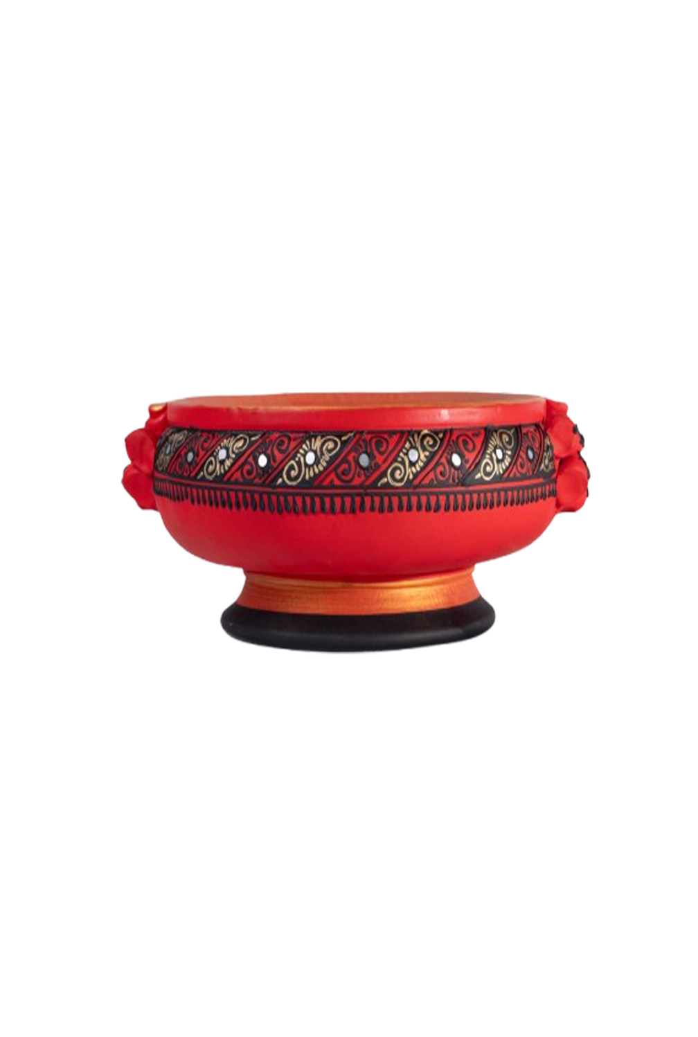 Front view of a colorful handpainted terracotta urli with floral art, placed on a white background, ideal for festive decor or pooja setups.
