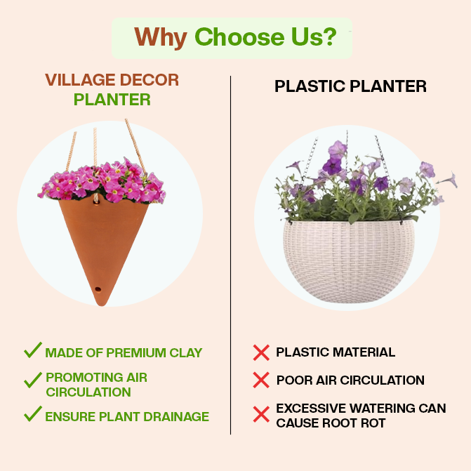 Comparison Between Village Decor Terracotta Planter Pots And Plastic Planter, Highlighting Benefits Like Air Circulation, Drainage, And Clay Material Over Plastic Drawbacks.
