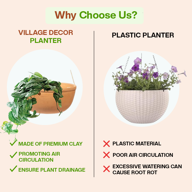 Comparison Between Village Decor Terracotta Planter Pots And Plastic Planter, Highlighting Benefits Like Air Circulation, Drainage, And Clay Material Over Plastic Drawbacks.
