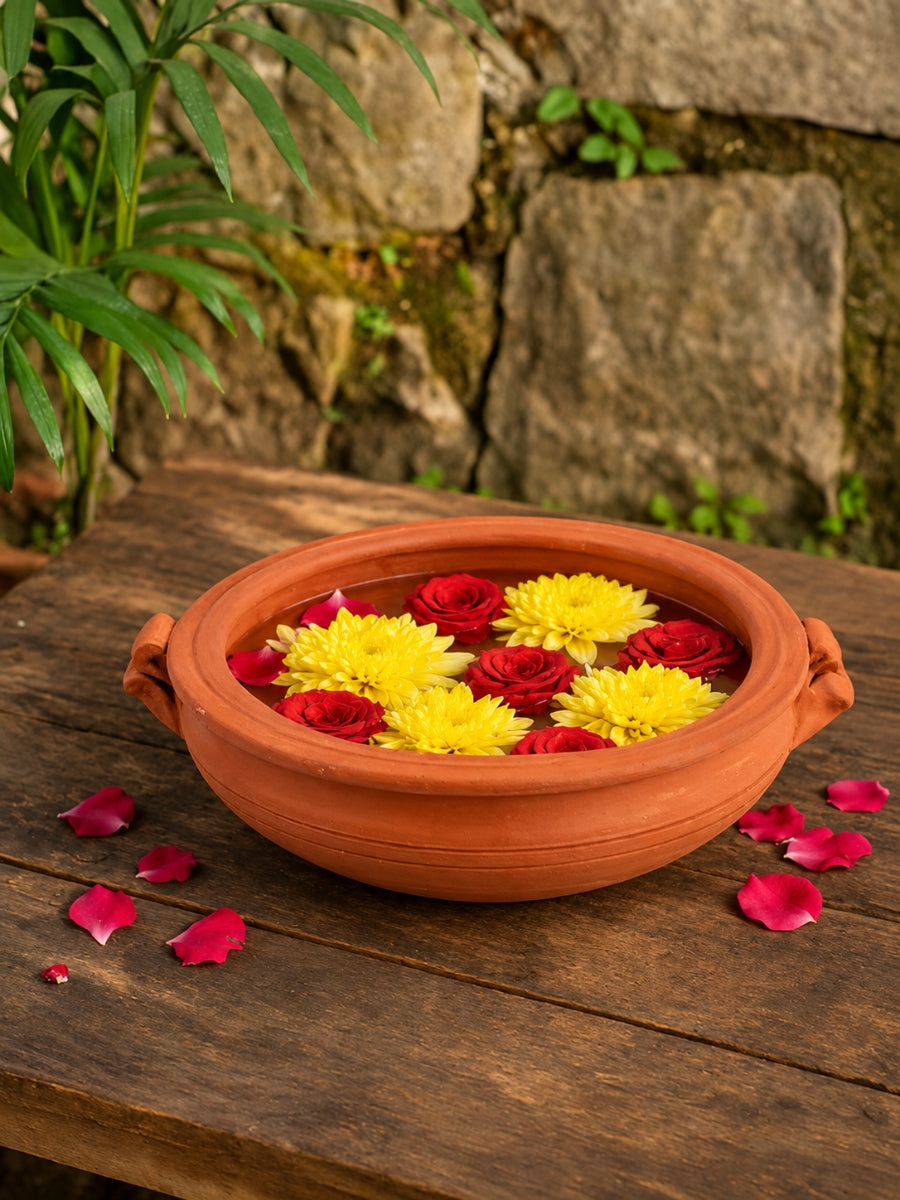 Terracotta Floral Decorative Pot – 1000 ml | Handcrafted Brown Decorative Bowl