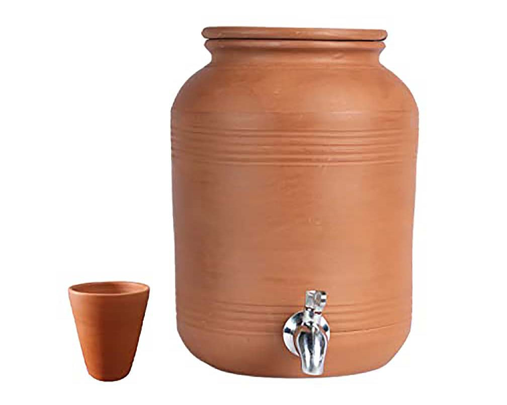 Village Decor Earthen Clay water pot with Lid & tap (Pre-seasoned) - 6000 ml