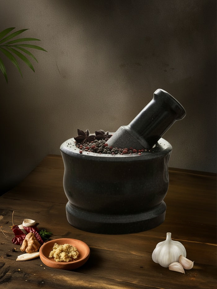 Granite Polished Ginger Garlic Masher - 5 inch | Stone Mortar & Pestle Set | Handmade Hamam Dasta