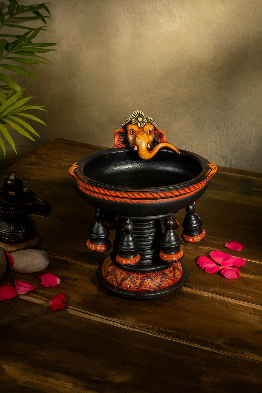 Handmade Terracotta Black Ganesha Decorative Urli Flower Pot with Stand