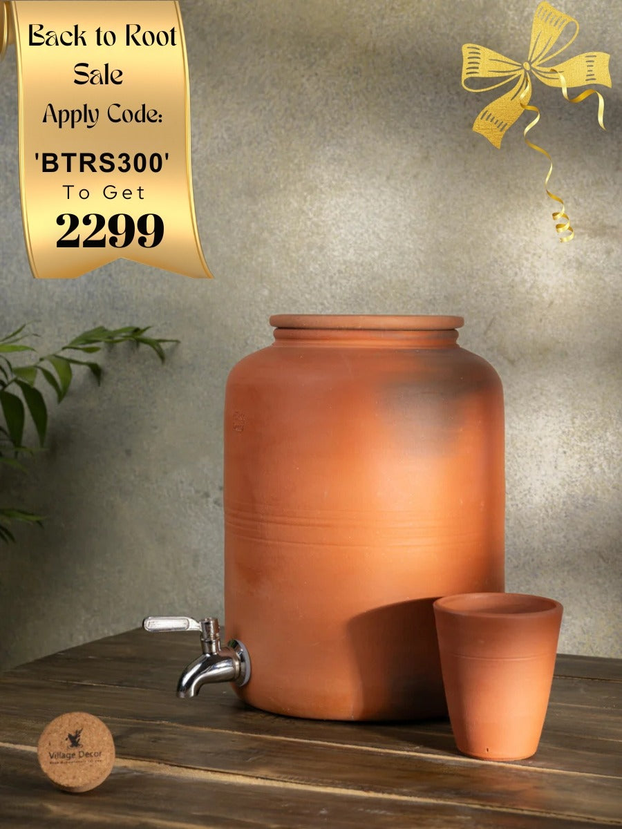 Earthen Clay water Pot with Lid, Tap and Glass | Pre-seasoned Matka - 6000 ml, Handmade, 100% Natural Cooling, Chemical-Free