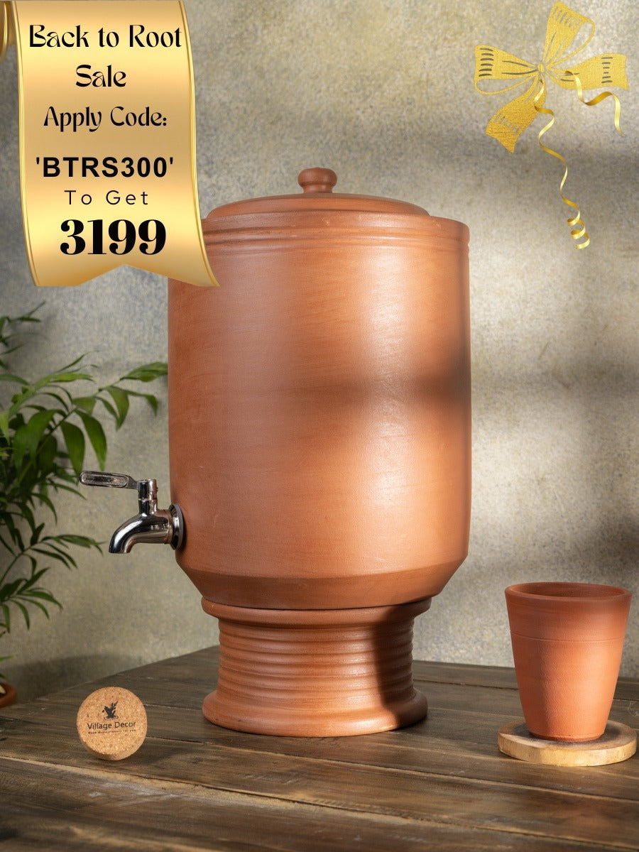 Earthen Clay Water Pot with Lid & Tap | Pre-seasoned Matka - 7000 ml, Handmade, 100% Natural Cooling, Chemical-Free