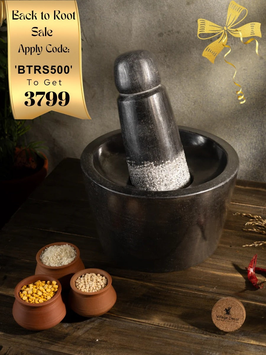 Black Stone Polished Attukal | Rubbu Rolu | Mortar & Pestle for home and kitchen, 100% Traditional and Flavourful cooking, (B * H - 10 * 6 Inch)
