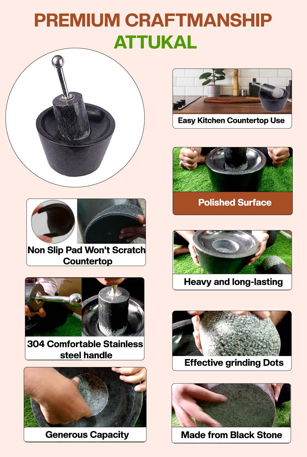 Black Stone Polished Traditional Manual Grinder stone|  attukal metate mortar & pestle| Rubbu rollu (W * H - 10 * 6 inch)