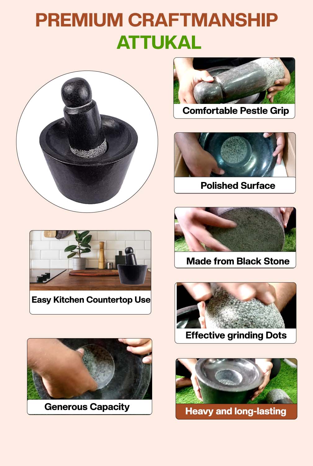 Black Stone Polished Attukal / mortar & pestle (B * H - 10 * 6 inch)