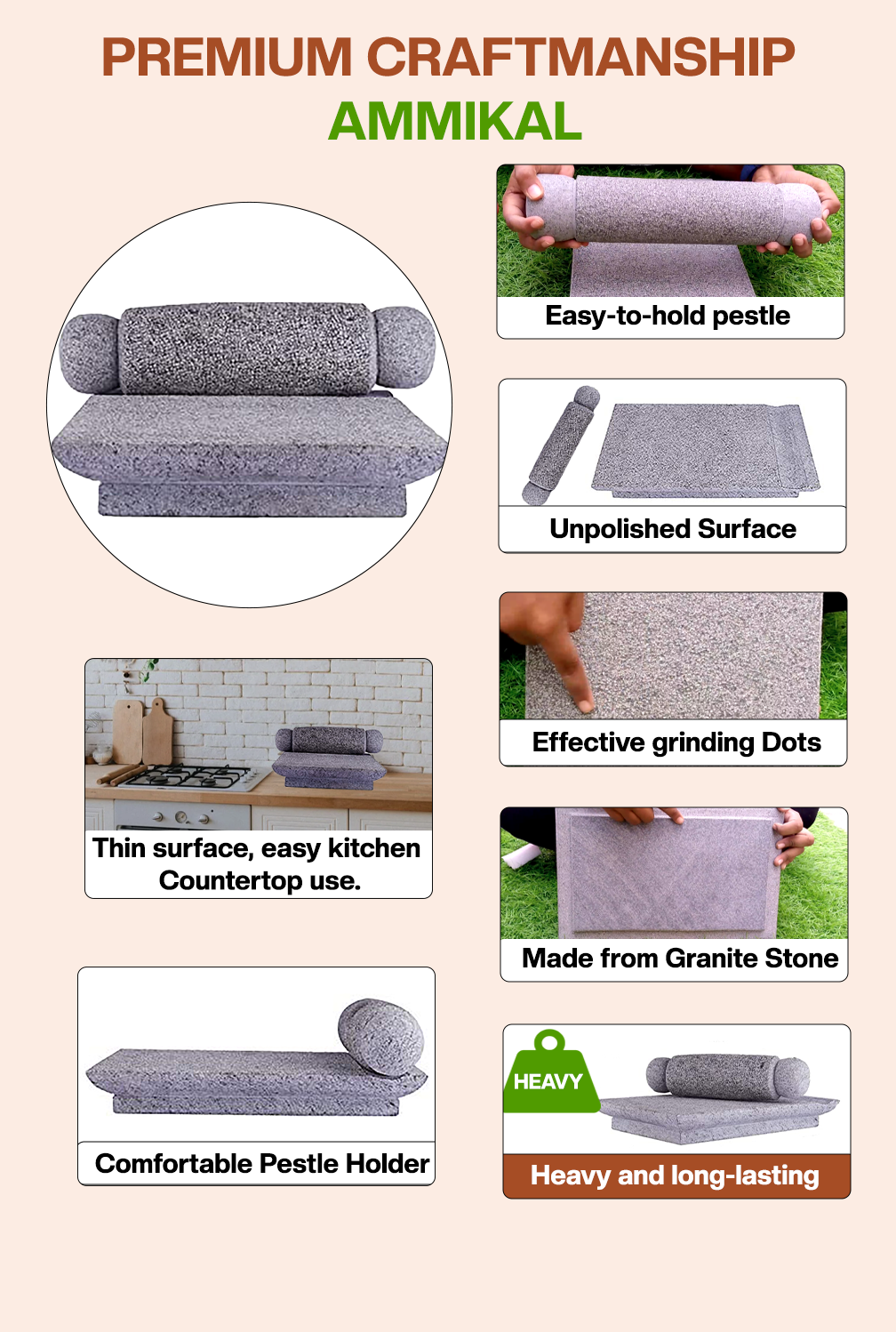 Granite Polished Sil Batta | Ammikallu | Mortar and Pestle  (L * B - 13.5 * 8.5 inch)