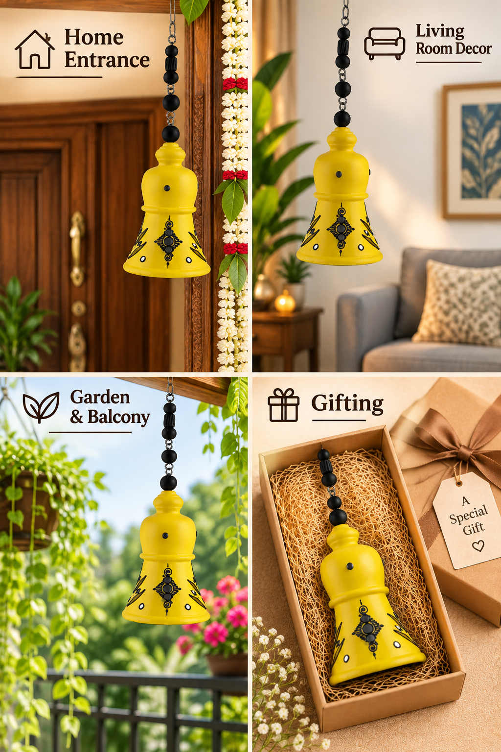 Terracotta Yellow color Hanging Bell for Home, Balcony, Garden & Patio | Traditional Clay Wind Chime – 11.8 inch