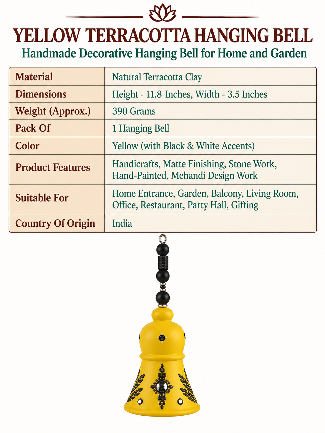 Terracotta Yellow color Hanging Bell for Home, Balcony, Garden & Patio | Traditional Clay Wind Chime – 11.8 inch
