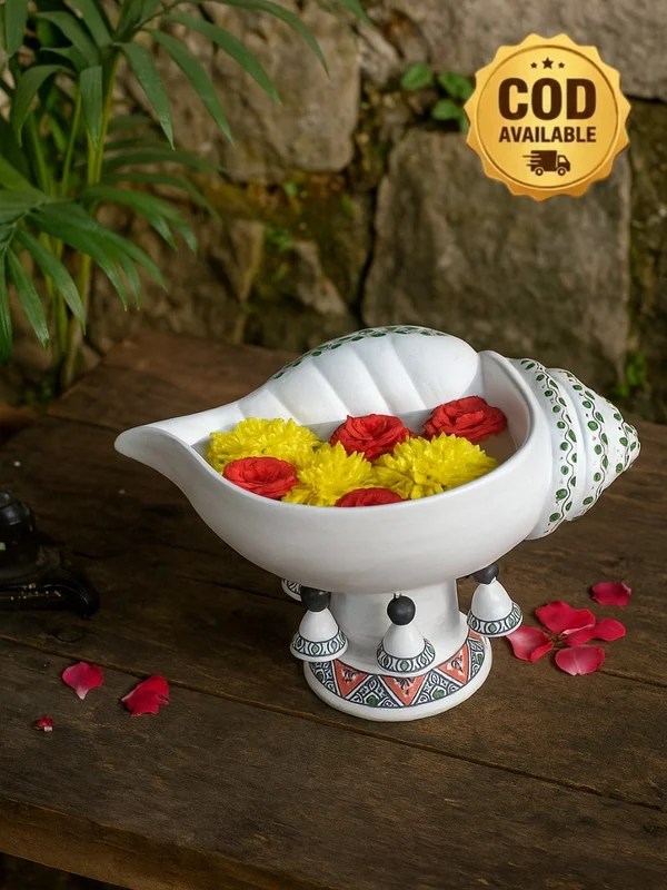 Terracotta Decorative Flower design Sangu urli with Stand | Showpiece Vastu Benefit - (Breadth-13 Inch)