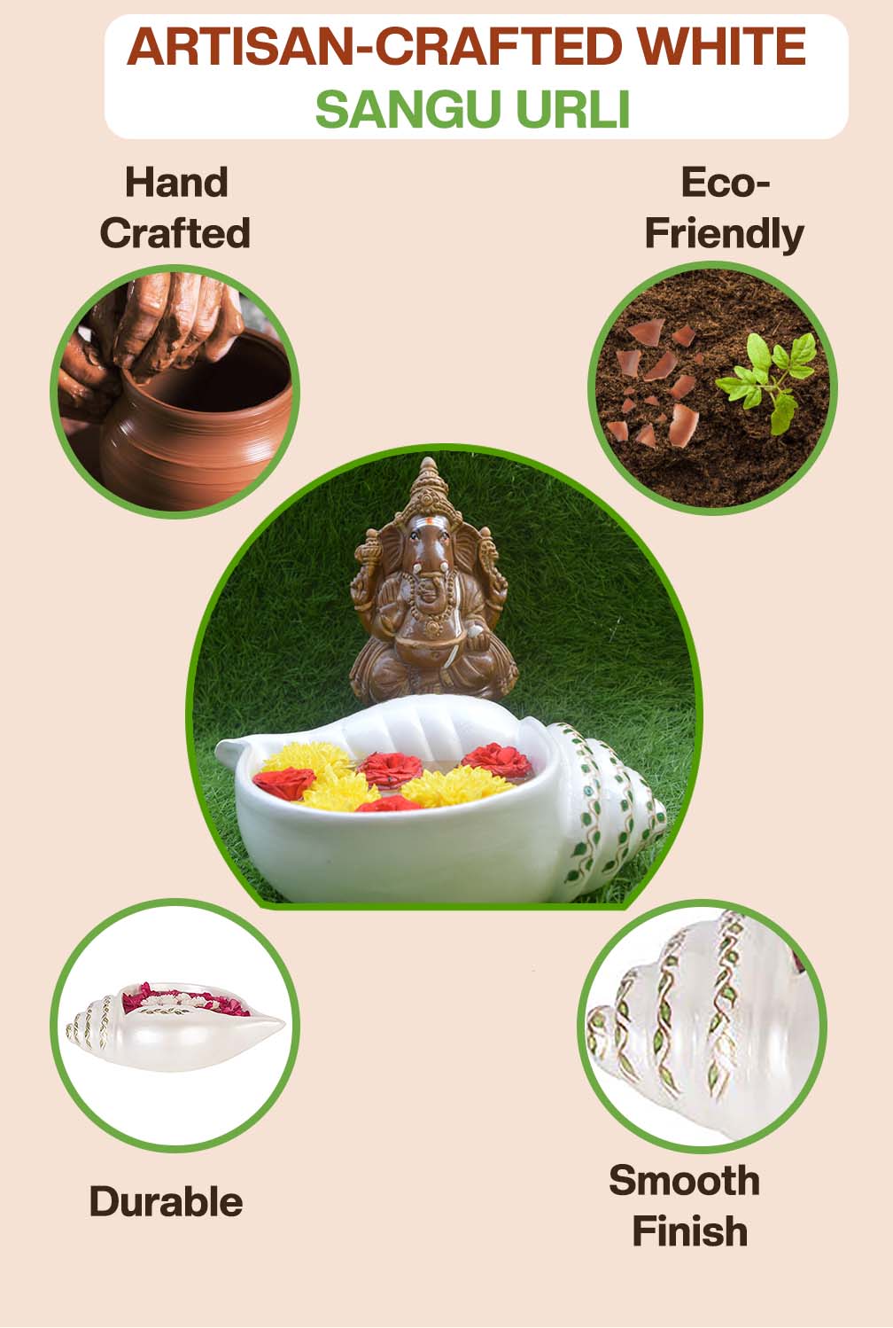 Terracotta Decorative Sangu Urli Bowl - Pearl White