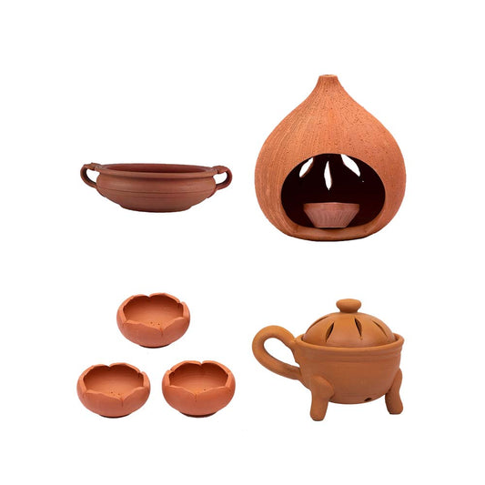 Terracotta Divine Pooja Essentials Bundle, Set of 4 - Diya, Decorative Bowl, Incense Holder & Dhoop Stand