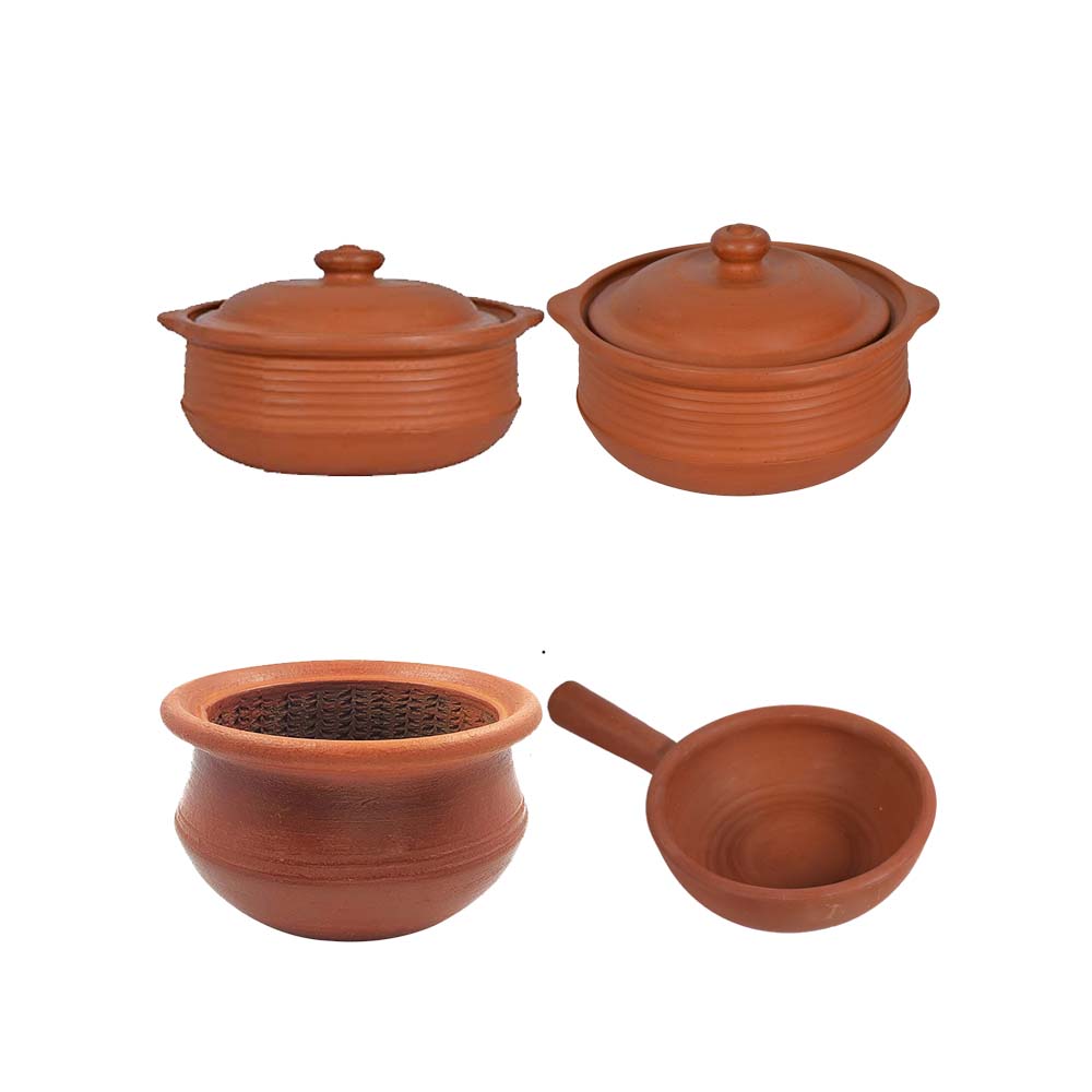 Healthy Cooking Essentials Set of 4 - Cooking Pot 3L, Cooking Pot 1.5L, Keerai Chatti 1.5L, Tadka Pan