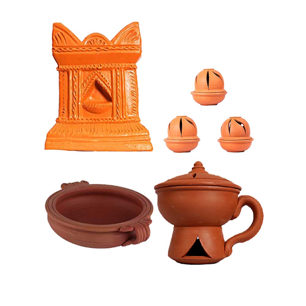 Terracotta Traditional Virundhvan Pooja Set of 4 - Tulasi Pot, Diya, Decorative Bowl, Incense Holder (Brown)