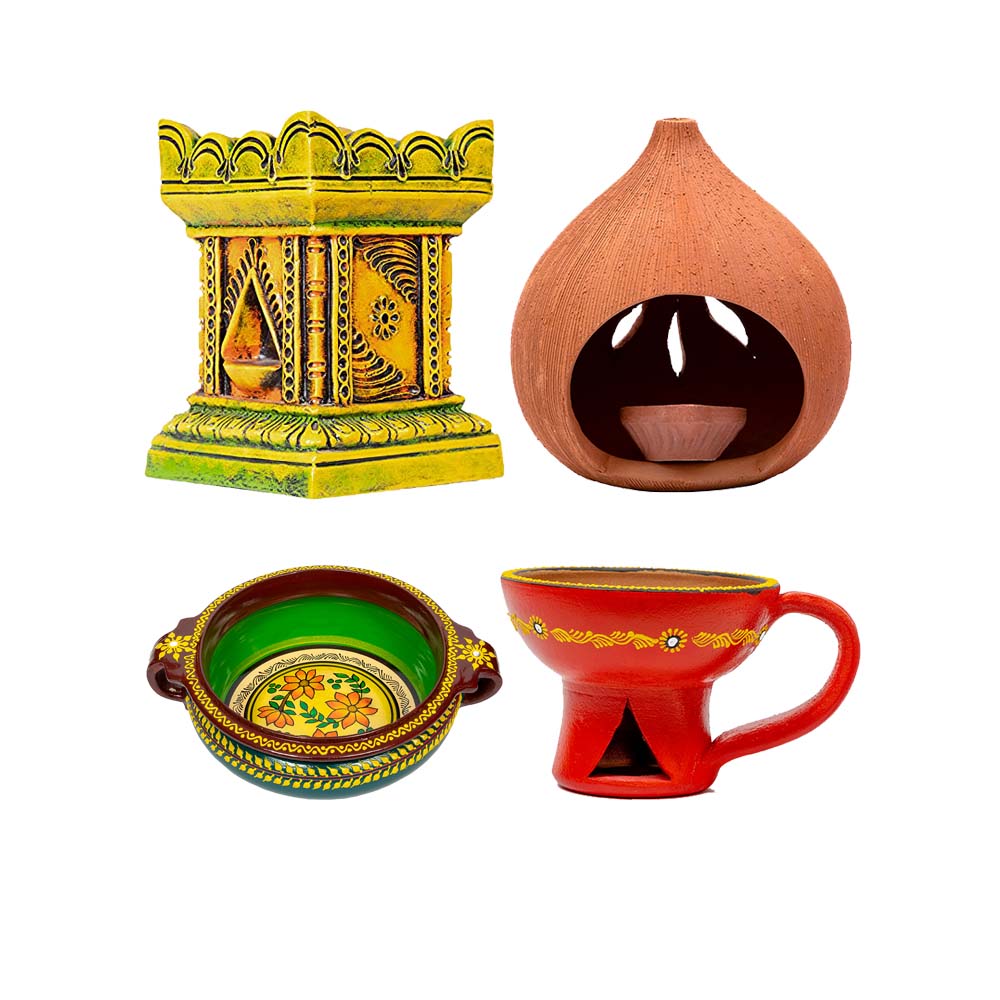 Terracotta Grand Elegance Virundhvan Pooja Set of 4 - Tulasi Pot, Diya, Decorative Bowl, Incense Holder (Multicolor)