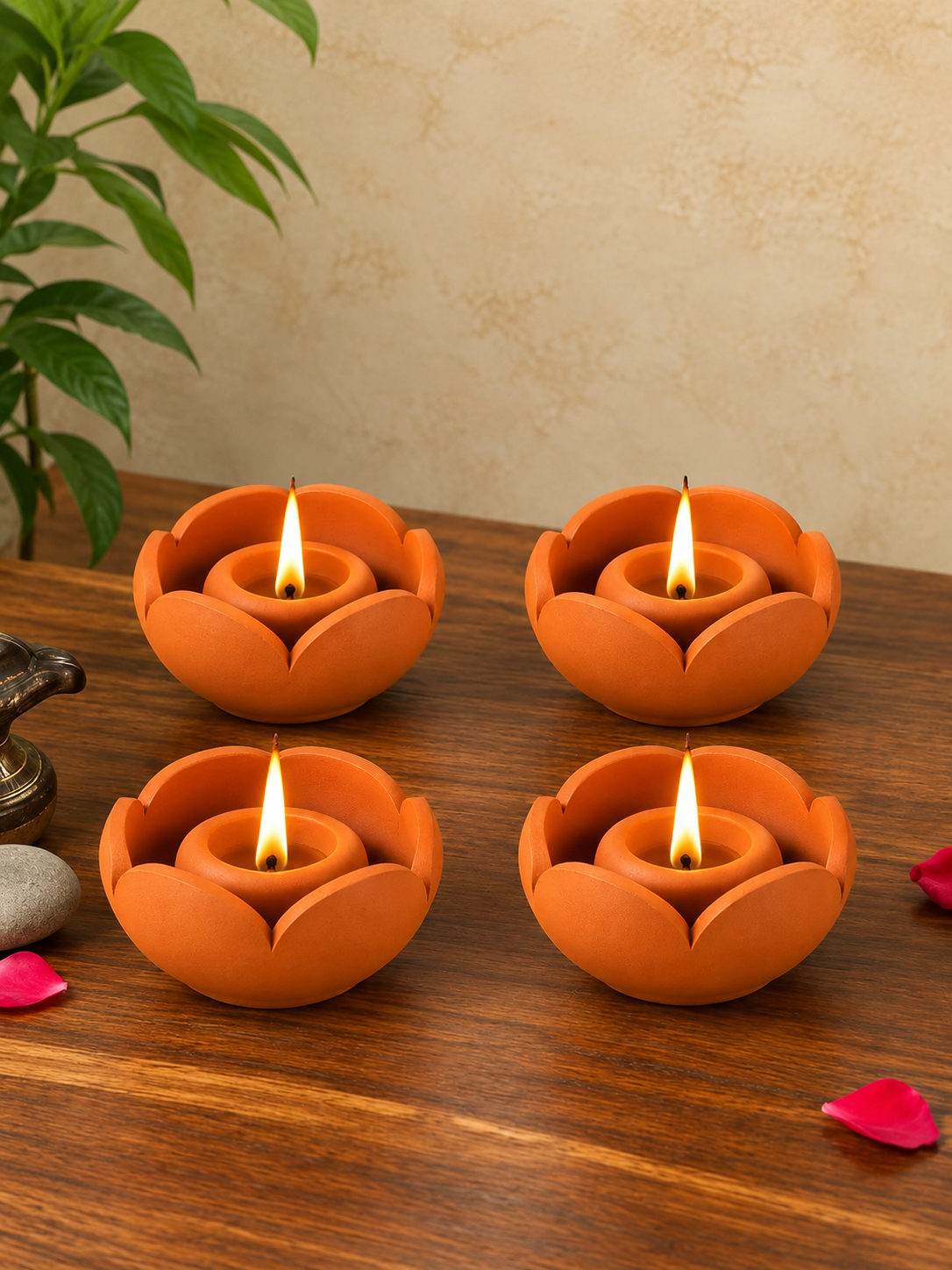 Terracotta Lotus Shape Diya | Handmade Traditional Lamp for Festival and Puja - 4 Qty