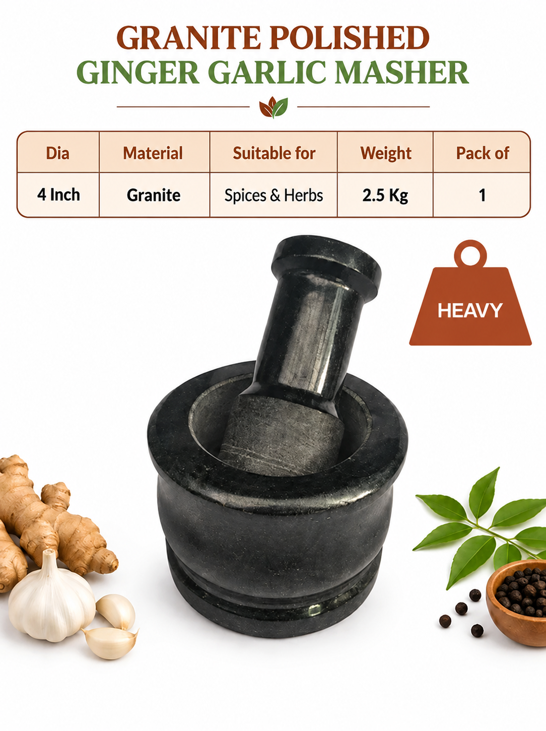 Traditional Polished Granite Stone Smasher & Pestle Set | Stone Ginger Garlic Crusher | Handmade Hamam Dasta (B*H - 4*4 inch)