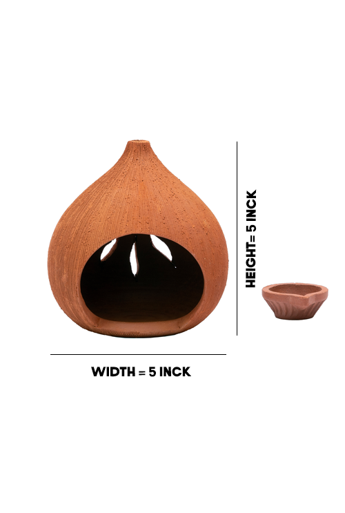 Coconut-shaped terracotta diya with leaf-cut design, showing 5-inch width and 5-inch height, ideal for home decor and traditional lighting.
