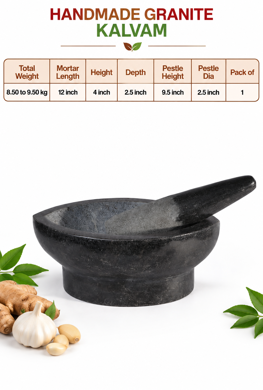 Granite Polished Kharal | Nanni Kalvam(நன்னி கல்வம்), Heavy Bottom with comfortable Pestle, 100% Safe, High-Quality Stone for Home & Kitchen