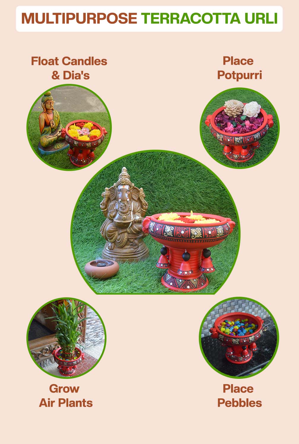 Terracotta Decorative Flower urli with stand Red - 6inch