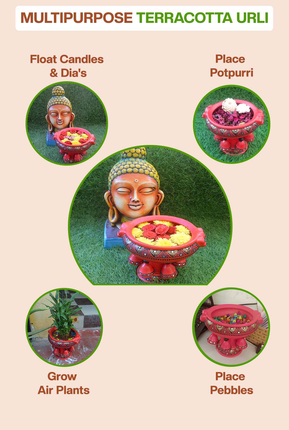 Terracotta Decorative Flower urli with stand Red - 8.5inch