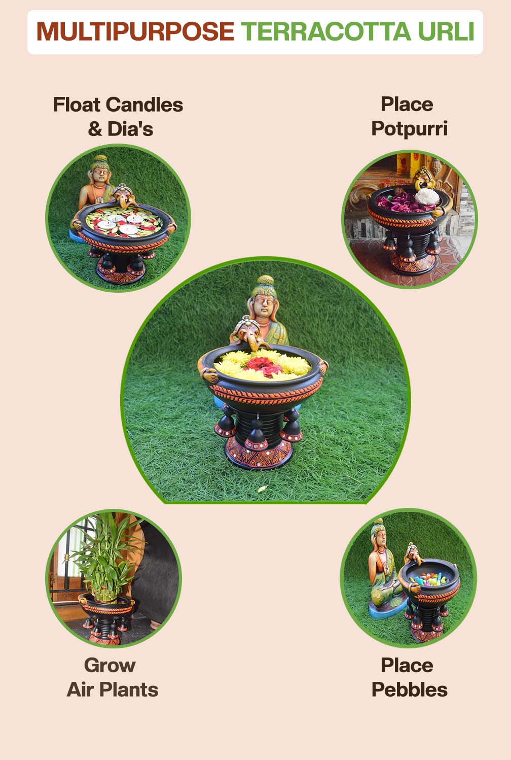 Handmade Terracotta Black Ganesha Decorative Urli Flower Pot with Stand
