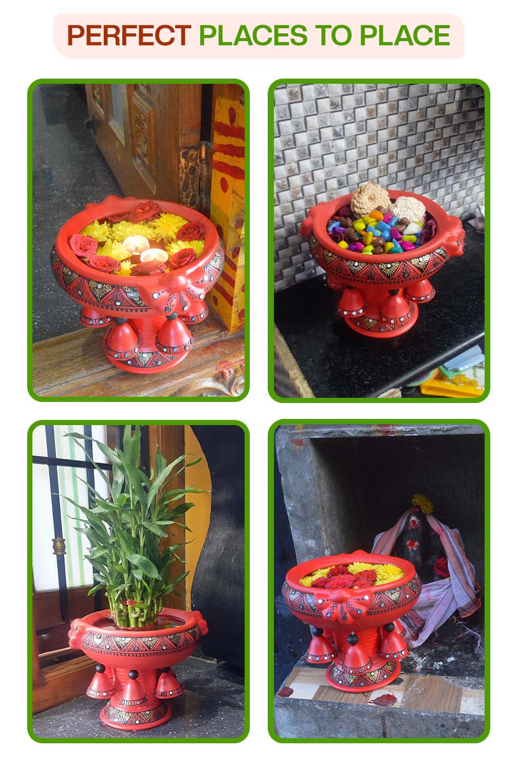 Terracotta Decorative Flower urli with stand Red - 8.5inch