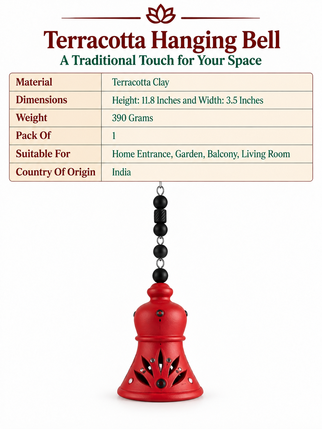 Terracotta Red color Hanging Bell for Home, Balcony, Garden & Patio | Traditional Clay Wind Chime – 11.8 inch