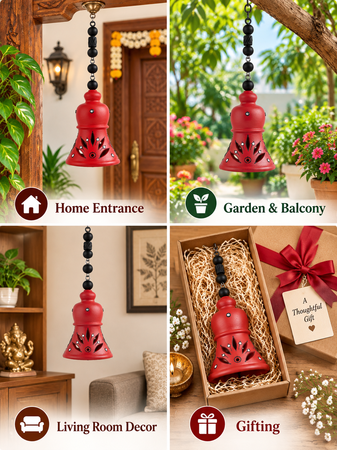 Terracotta Red color Hanging Bell for Home, Balcony, Garden & Patio | Traditional Clay Wind Chime – 11.8 inch