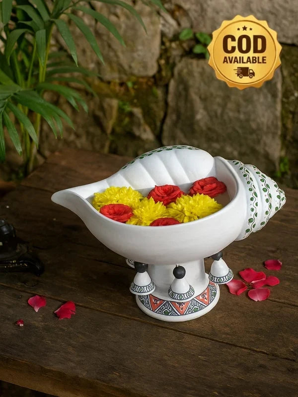 Terracotta Decorative Flower design Sangu urli with Stand | Showpiece Vastu Benefit - (Breadth-13 Inch)