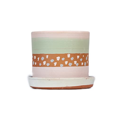 Terracotta Pink Painted Plant Container with Bottom Tray