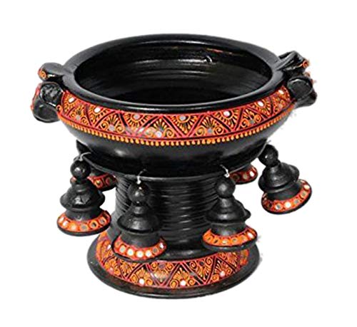 Terracotta Decorative Flower urli with stand Black- 8.5inch