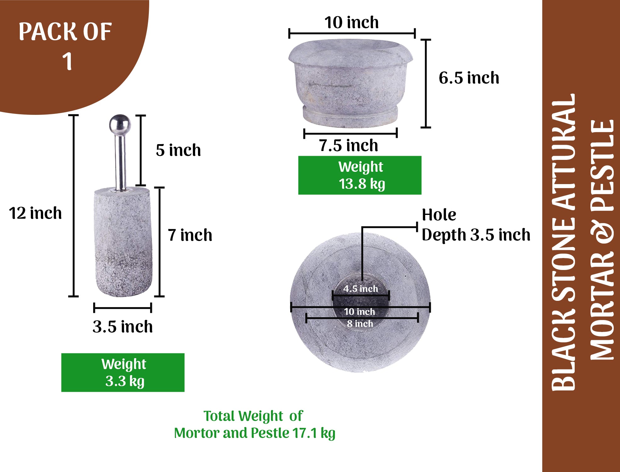 Black Stone Unpolished Attukal | Rubbu Rollu | Mortar & Pestle (B * H - 10* 6.5 inch)