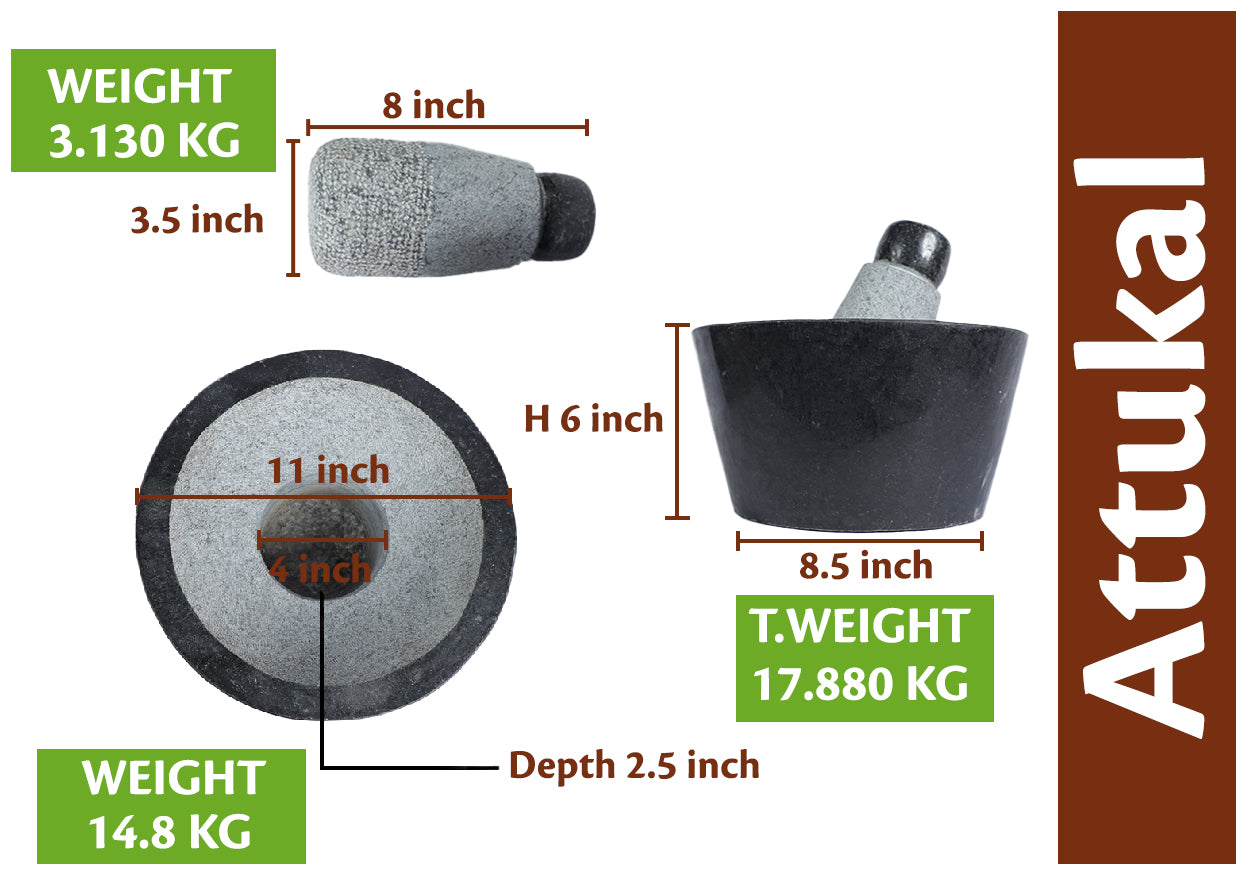 Black stone Attukal mortar & pestle (B*H -11 * 6 Inch)
