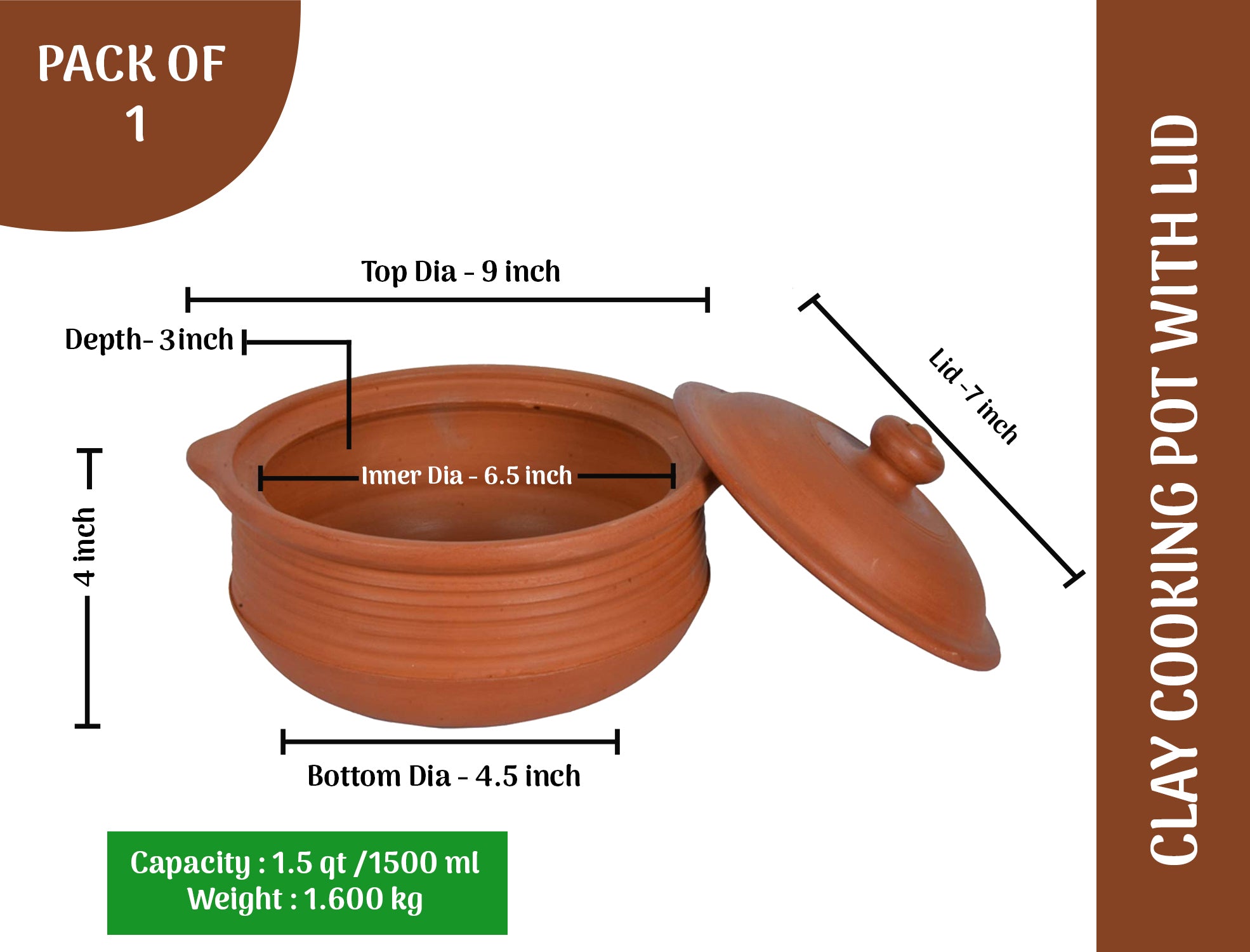 Earthen Clay Cooking Bowl - 1500 ml